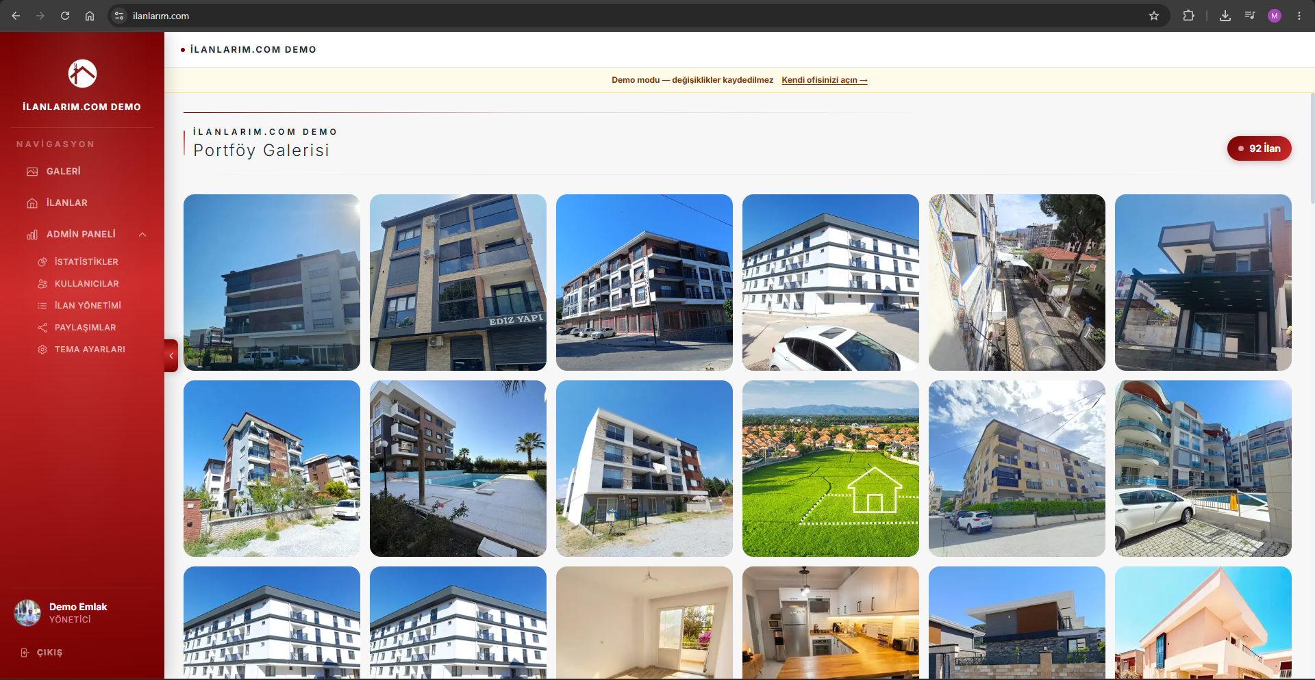 İlanlarım.com CRM demo portföy ve yönetim arayüzü ekran görüntüsü