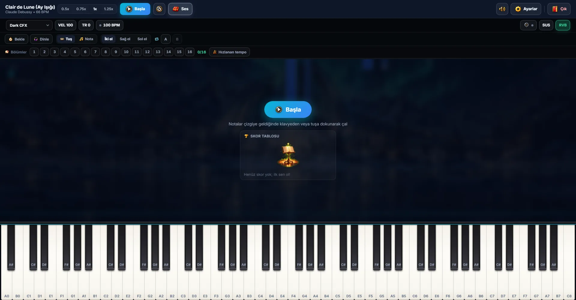 Social Piano Öğren ekranında Clair de Lune için tempo, bölüm ve el seçimi ile 88 tuşlu klavye
